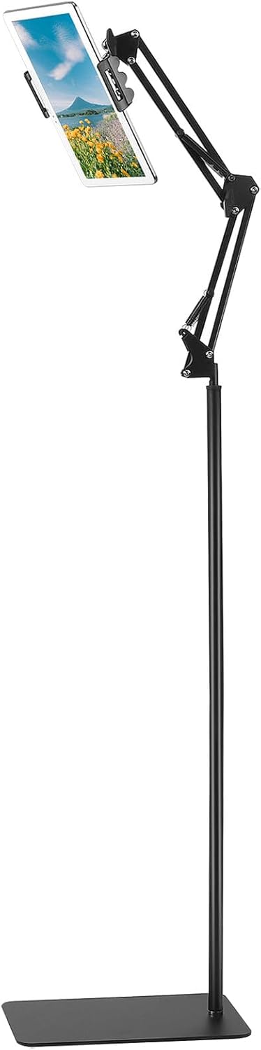Floor Standing Phone and Tablet Holder with Adjustable 135cm Arm, Black Universal Mobile Phone Mount Clamp for Recording and Tablet Accessories