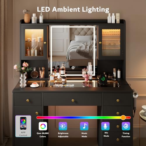 Image of iPormis Vanity Desk with Mirror and Lights, Glass Top Makeup Vanity with RGB Light and Power Outlet, Dressing Table Mirror with 3 Lighting Colors, 7 Drawers, 3 Cabinets, Black Vanity for Bedroom
