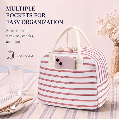 Image of LOVELYWIND Lunch Box for Women, Insulated Lunch Bag, Pink Stripe Tote