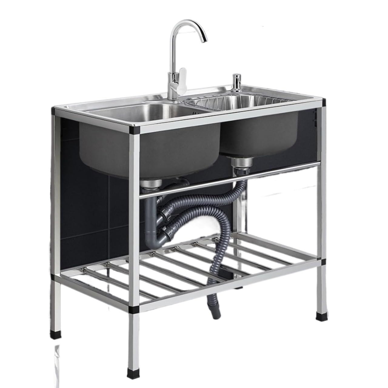 ZQFHSX Stainless Steel Kitchen Sink Free Standing， 2 Compartment Utility Sink, Commercial Catering with Shelves,(75x40x75cm)