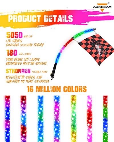 Auxbeam Led Light Whips 3Ft 2Pcs Spiral Rgb Led Whip Lights For Atv With Brake&Turn Signal Light, Lighted Whip Antenna For Utv Truck Whip Lights Bluetooth Control, Compatible With Jeep Rzr Can-Am #TOP3