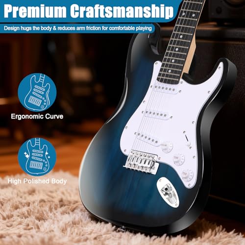 Smartxchoices 39" Electric Guitar Beginner Kit Full Size Blue Guitar with 10W Amp, Case and Accessories Pack for Starter (Blue) - Thumbnail 5
