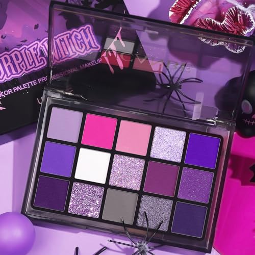 Image of UCANBE Purple Eyeshadow Makeup Palette, 15 Colors Dark Smokey Shimmer Matte Metallic Glitter Eye Shadow Pallet, Violet Lavender Pink Make Up Kit for Cosplay Halloween Ursula Witch Costume Parties