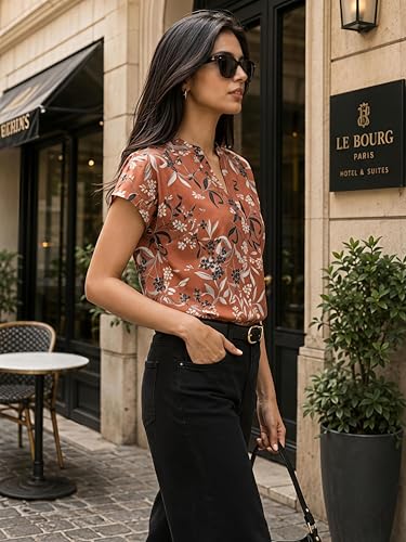 Image of NAINVISH Printed Top Short Sleeve Button Down V Neck Lightweight Soft Fabric Casual Office Summer Stylish Patterned Womens Comfort Fit Regular Top