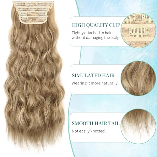 Image of KooKaStyle Wavy Clip in Hair Extensions 24 inch Light Brown mix Golden Blonde | 4 Pieces Clip in Extensions,Fiber Double Weft Hairpieces,Natural Volume,Beach Wave Long Synthetic Hairpieces for Women
