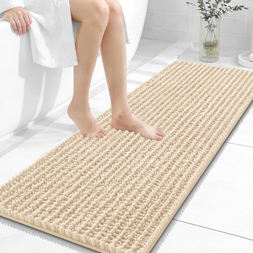 Image of OLANLY Long Bathroom Rugs Runner 47x17, Thick Soft and Absorbent Chenille Bath Mat, Non-Slip, Machine Washable Quick Dry Bath Rugs for Tub Shower Floor, Home Decor Accessories, Beige