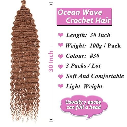 Samtress Ocean Wave Crochet Hair 30 Inch Deep Wave Curly Braiding Hair Extensions 3 packs Brown Ocean Wave Crochet Hair for Boho Crochet Box Braids Synthetic (#30) - Image 2