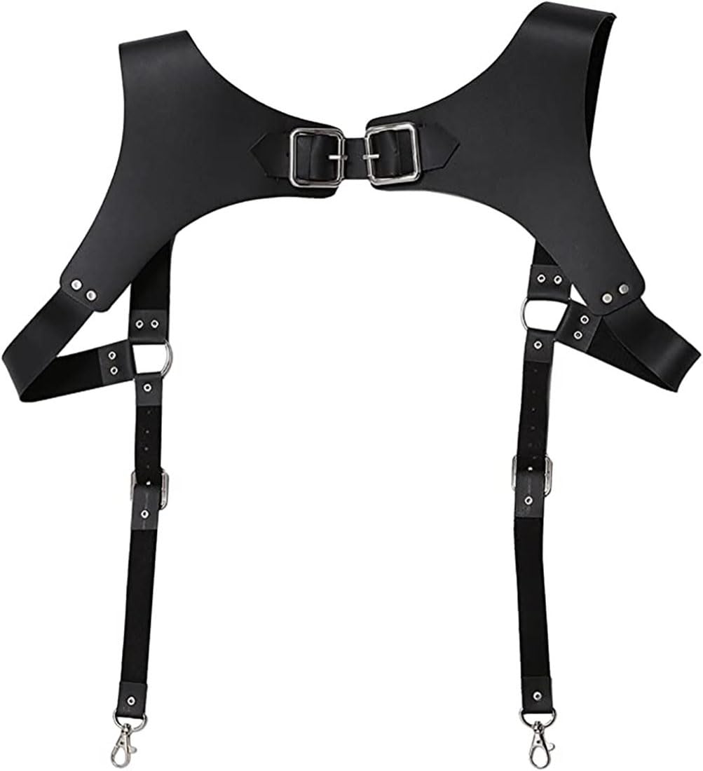 Pinwe Men's Black Leather Suspenders Body Chain Chest Harness With Buckle Strap Punk Belt Adjustable Rave Costume