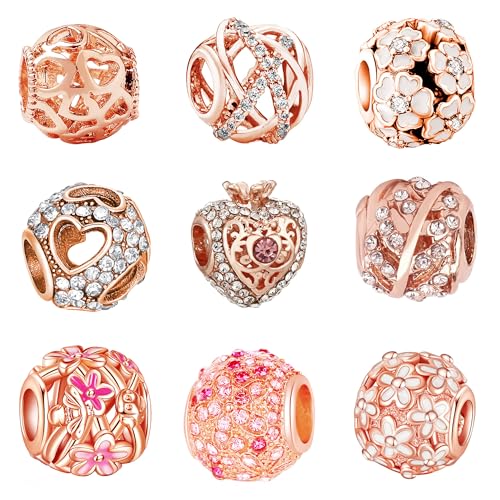 Acrobious 9PCS European Charms Beads Pendant For Bracelet Charms for DIY Bracelets Necklace Jewellery Gift for Birthday Valentines Day Party Christmas Mothers Day Rose Gold Heart Love Flowers