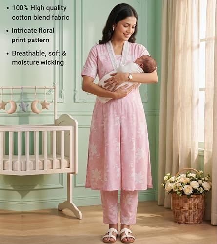 Image of DUMMY SHAPE Maternity Dresses for Women Cotton | Floral Kurta Pant Dupatta Set with Nursing Zippers, Side Pocket | Pre & Post Pregnancy | Feeding Kurti Suit | Baby Shower | Gifts for Pregnant Woman