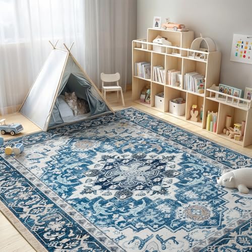 Lofus 8x10 Area Rugs for Living Room, Washable Area Rug, Rugs for Bedroom, Kitchen, Vintage Boho Carpet, Soft Non-Slip, Low Pile Large Area Rug for Office Dining Room, Floral Light Blue