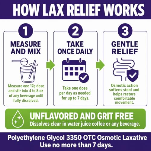 Image of HealthA2Z Lax Relief PEG 3350 17g, Osmotic Laxative, Unflavored, 8.3 oz