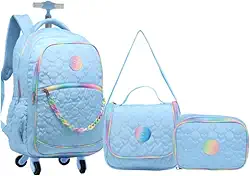 Kit Mochila 20” Escolar Juvenil Estampa Coração 4 Rodinhas 360° Feminino Com Lancheira Térmica E Estojo (AZUL)