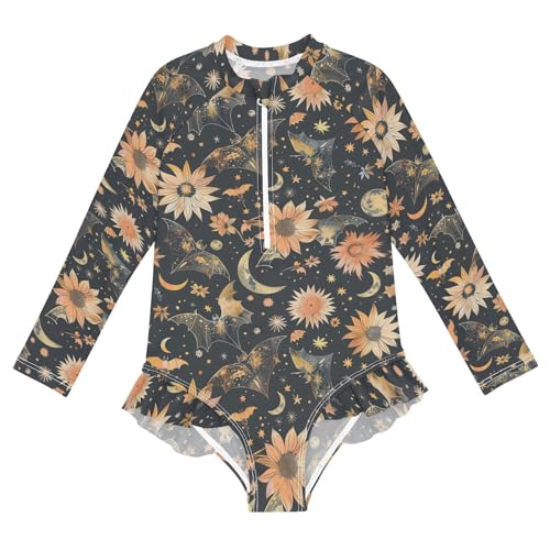 CaTaKu Girls One Piece Swimsuit Halloween Bat Sunflower Toddler Bathing Suit Long Sleeve UPF 50+ Rash Guard Swimwear 3-12Y