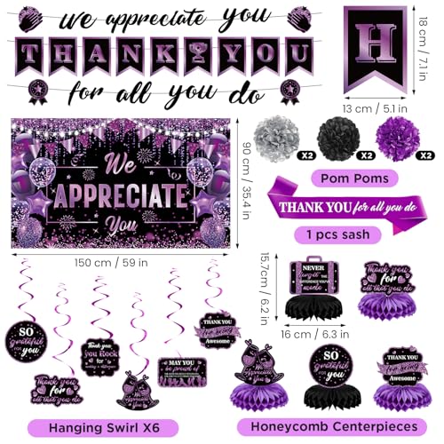 Image of Purple We Appreciate You Decorations Black Purple Thank You for All You Do Banner Honeycomb Centerpieces Hanging Swirls Employee Staff Appreciation Gift Pastor Teacher Doctor Graduation Party Decor