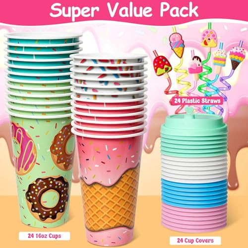 FZR Legend 24 Pack Ice Cream Party Favors Cups with Silly Straws, 16OZ Ice Cream Plastic Cups with Lids for Donut Candy 1st Sweet One Birthday Decorations Girls Party Supplies Goodie Bags Stuffers by FZR Legend - Used condition - Image 7