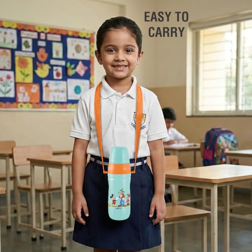 Image of MILTON Disney Kool Cheer 600 Plastic Insulated Thermo Water Bottle with Straw for School Kids I Food Grade, Leak Proof Lid with Hands free sipper, Easy to Carry Loop, Picnic,BPA Free,520 ml,Aqua Green