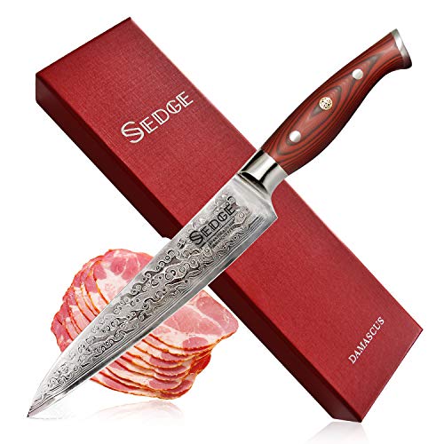 Sedge Slicing Knife - Japanese Damascus AUS-10V High Carbon Steel - Pro Brisket Meat Carving Knife 8 Inch - with Non-Slip Ergonomic G10 Handle with Case - SD-S Series