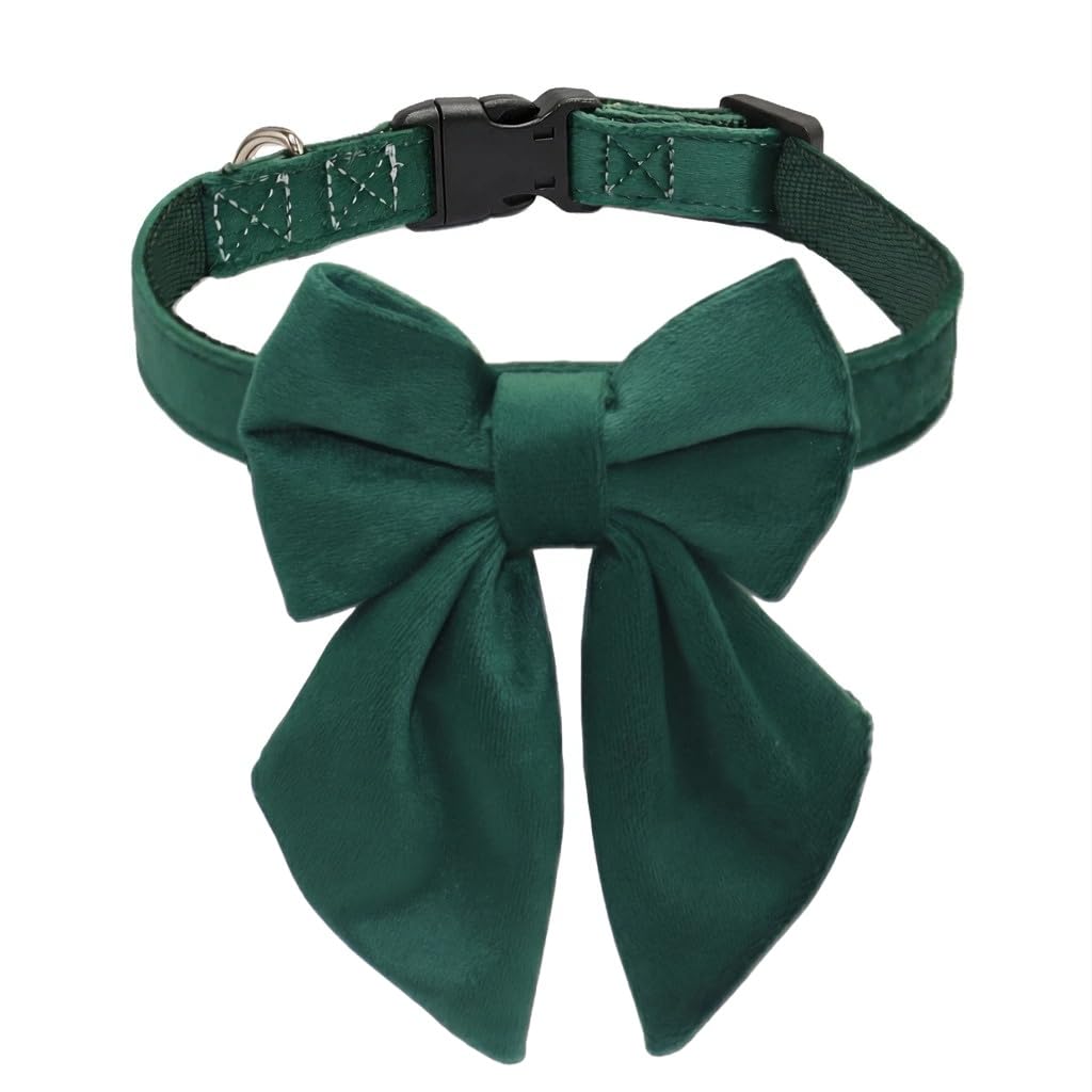 THAIN Velvet Dog Collar with Style Bow Tie, Quick Release Plastic Buckle Adjustable Dog Collars for Small Medium Large Dogs Pets (L, Velvet Green)