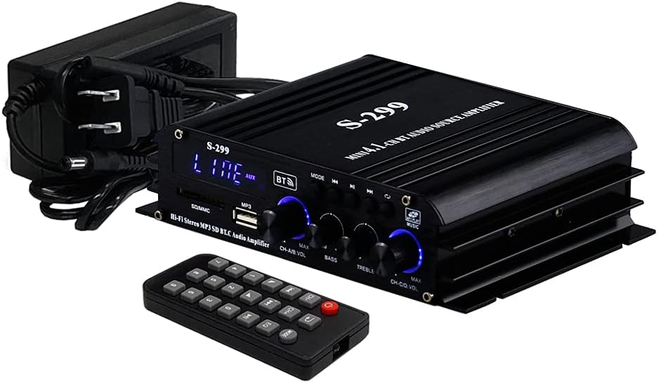 LPS299 Bluetooth 5.0 Compatible, 4.1 ch Digital Amplifier, 4 x 40W + RCA Subwoofer, Small Amplifier, USB/SD Card Playback, 4 Channels, Hi-Fi Sound, 12V/5A Adapter Included