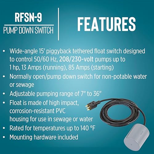 Image of Little Giant RFSN-9 230-Volt, Maximum 13-Amp - 1 HP, Pump Down Piggyback Tethered Float Switch for Pond, Sump, Sewage or Effluent Systems, 15-Ft. Cord, Grey, 599128
