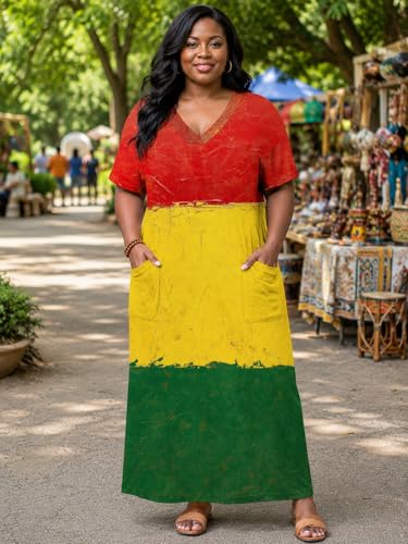 Image of Plus Size Maxi Dress for Women Short Sleeve V Neck Casual Loose Sundress with Pockets