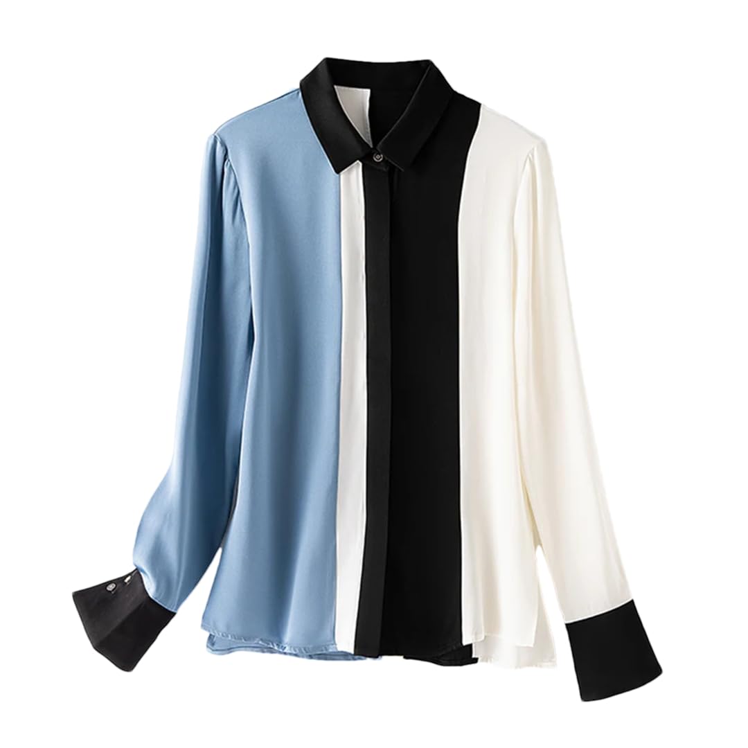 Disimlarl Camisas de seda de morera para mujer, con solapa, de manga larga, para oficina, con botones, camisas casuales