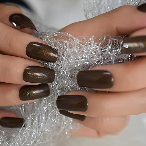 TJJF Falsche Nägel Glänzende Faux Ongles Braun Mittellang Quadratisches UV-Gel Abs Falsche Nägel Mit Schimmer Innen 24… – Bild 5