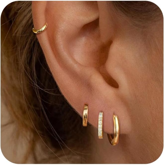 4 Pairs Gold Hoop Earrings for Women Trendy Small 14k Gold Plated Huggie Earring Set,Huggie Earrings Multiple Piercing Hypoallergenic Chunky Open Hoops Cartilage Earrings for Women