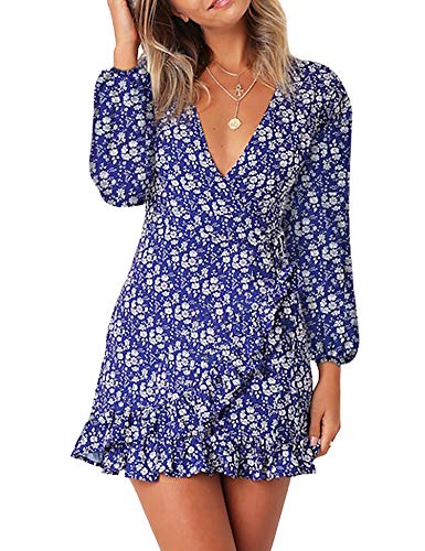 Relipop Women's Dresses Print V Neck Long Sleeve Waist Tie Ruffle Hem Casual Short Dress