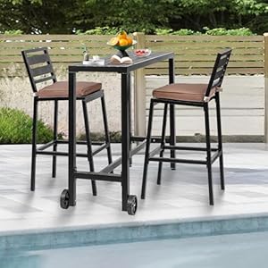 3 Piece Patio Bar Dining SetOutdoor 47 Durable Bar Height Table Cushioned Bar Stools of 2Metal Bar Table and Chairs Set for Balcony Backyard Porch Poolside