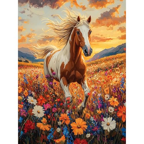 askkqtx Horse Diamond Art Kits for Adults Flowers with Sunset Diamond Painting Kits for Beginners DIY 5D Round Full Drill Crystal Rhinestone Dots Gem Art Craft Home Decor 12x16 Inch