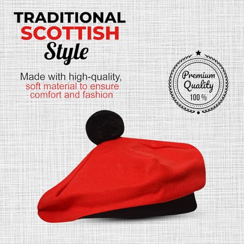 Image of Scottish Tam O' Shanter Hat Tartan Bonnet Pom Pom Wool Flat Cap One Size