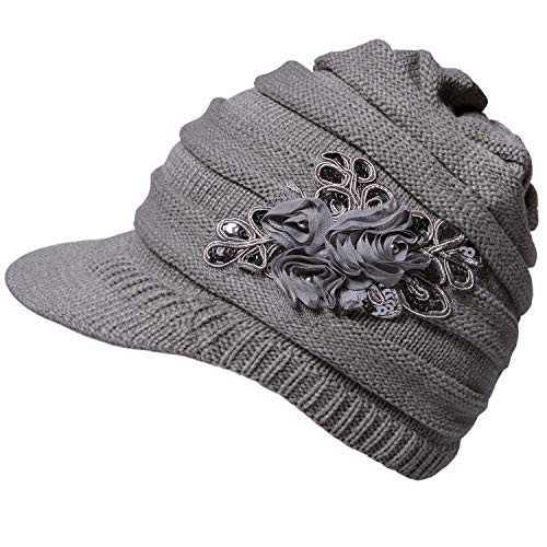 Ysense Womens Hats Winter Beanie With Brim Warm Cable Knit Newsboy Cap Visor With Sequined Flowerisor With Sequined Flower,B-Grey #TOP9