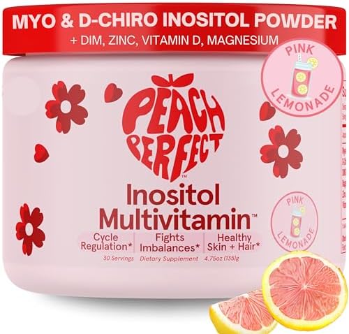 Peach Perfect Inositol Powder Multivitamin, Pink Lemonade Flavor – 4g Myo-Inositol & D-Chiro Inositol, DIM, Zinc, Magnesium Glycinate, Vitamin D3 – Supports Women’s Health, Cycle, Energy, 30 SVG