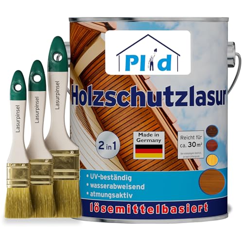 Plid® Holzschutzlasur Teak satin - [LANGZEITSCHUTZ] - alle Laub- und Nadelhölzer - feuchtigkeitsregulierend - UV-beständig - wetterbeständig - Holzschutzlasur für aussen - Made in Germany 2,5l Set