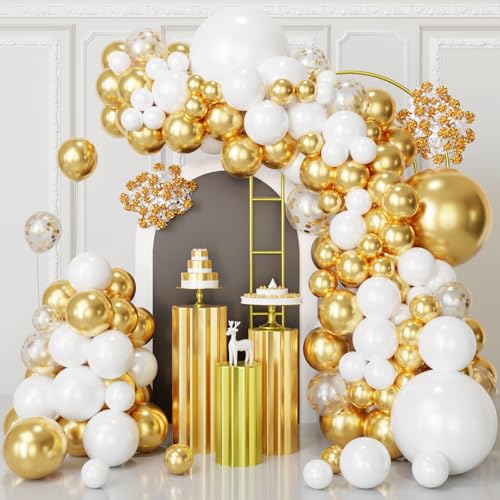 Gold and White Balloons Garland Arch Kit,130pcs Matte White Metallic Gold and Gold Balloon Garland,18 12 10 5 Inch Latex Balloons for Wedding,Engagements,Birthday,Baby Shower Anniversary Decorations