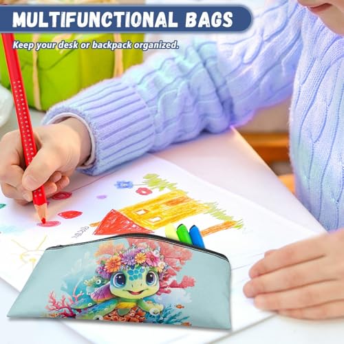 Image of Sea Turtle School Pencil Case Aesthetic Light Blue Pencil Pouch for Preschool Floral Pen Organizer for Toddlers Lightweight Pen Holder for Girls