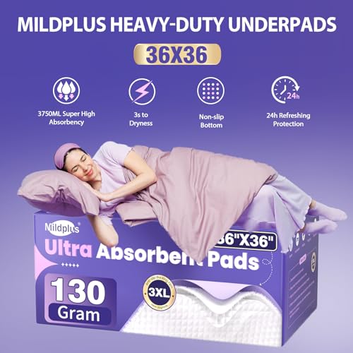 Image of MILDPLUS 130 Grams Heavy Duty Bed Pads 36''x36'', 50 Count Disposable Underpads with Anti-Slip Film, Extra Large Chucks Pads, 3XL Thicker Incontinence Pads for Adults, Kids or Pet (Purple)