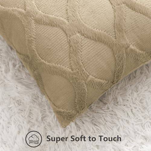 decorUhome Throw Pillow Covers 18x18 Inch Set of 2, Soft Plush Faux Fur Wool Khaki Couch Pillow Covers, Decorative Neutral Pillow Cases for Bed Sofa Living Room Home Decor