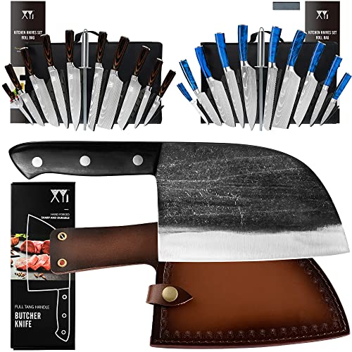 Xyj Professional Chef Knives Set Handmade Forged Cleaver Butcher Knife With Sheath Carry Bag&Sharpener Rod For Kitchen Camping Or Bbq #TOP19