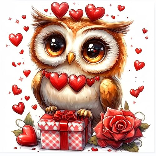 Image of Zhenqing Valentine's Day Cross Stitch Kit for Adults - Stamped Red Heart Rose & Owl Floral Embroidery | 11CT 7.87 inchx7.87 inch DIY Craft with Thread, Fabric | Gift for Couples 68782