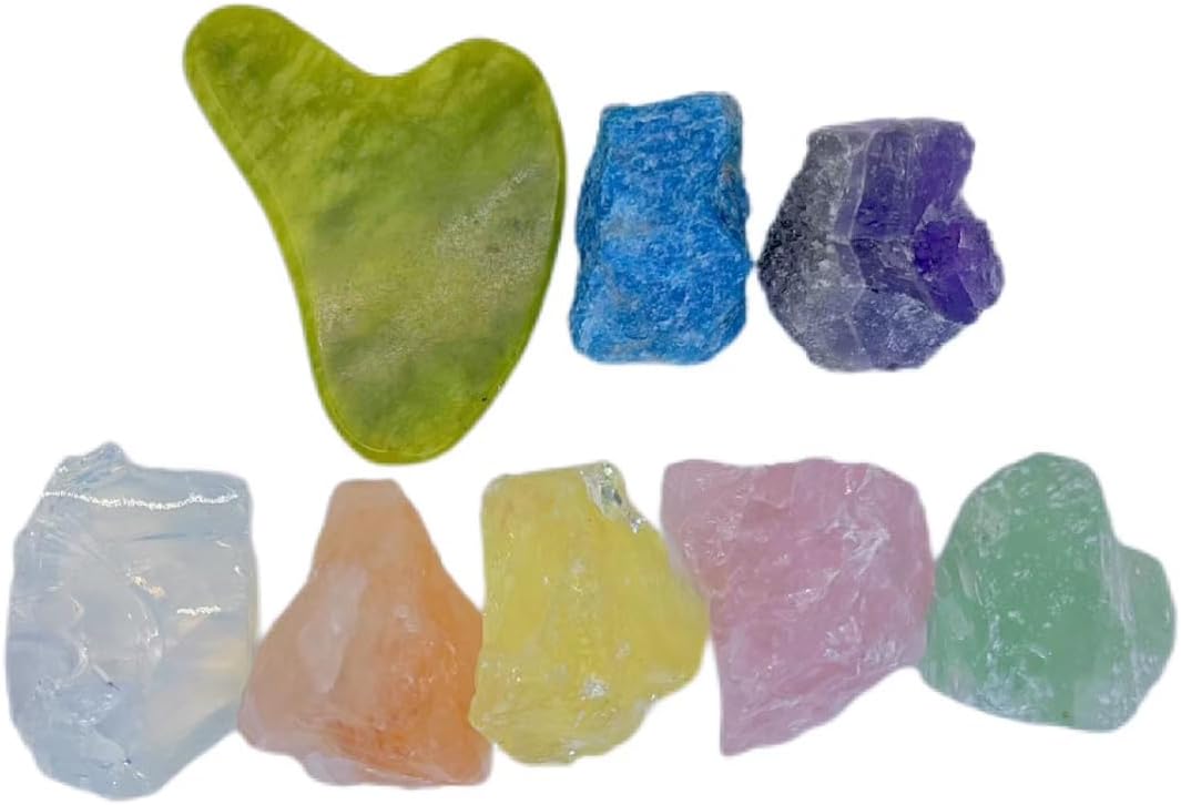 Conjunto de 8 Cristais Arco-Íris e Pedras de Cura - 8 Pçs de 34g a 57g com Ferramenta Gua Sha para Beleza e Meditação
