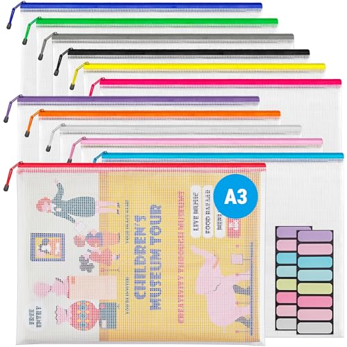JARLINK A3 (16.5x12.6 in, 12 Pcs) Mesh Zipper Pouch, 12 Colors Extra Large Zipper Bags, Waterproof...