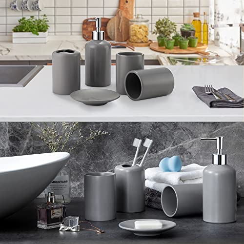 Ceramic Bathroom Accessories Set 5 Pieces, Grey Bathroom Accessory Set Complete, Lotion Dispenser Toothbrush Holder 2 Tumblers Soap Dish Classic Grey Matte For Bath Countertop Organizer Decor, Saiure #TOP7
