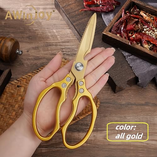AWinjoy Japanese Gold Kitchen Scissors, Heavy Duty Stainless Steel, Multipurpose Cooking Shears, Dishwasher Safe