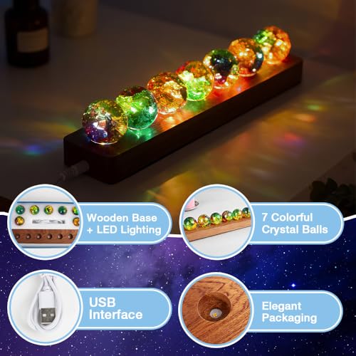 NAVESO 7 Stück Kristallkugel Nachtlicht,3D Bunte Planeten Lampe,40mm,Glaskristallkugeln mit LED Holzsockel,Kristallkugel Lampe,Fantastisch EIS Riss Kugeln,Heilkugeln für Zuhause,Zimmer