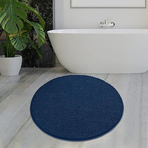 MAYSHINE Round Area Rug Set for Bathroom | Soft Plush Chenille Bath Mat, Water Absorbent Non-Slip Bathroom Rug | Washable Shag Carpet for Shower, Bedroom, or Home Décor | 36"x36" (Round) | Dark Blue Cover