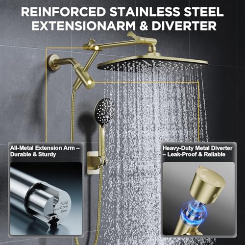 Image of Veken 11.8 inch Rain Shower Head with Handheld, High Pressure Handheld Shower with Multi Spray Modes, Rainfall Combo with Metal Extension Arm, Detachable Dual Showerhead, Bathroom Decor, Gold