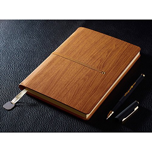 A5 Notebook, izBuy Leather Notebook and Pen Set Journal Diary Daily Use, 200 Lined Beige Pages, Wood Pattern Cover, Gel Pen Included